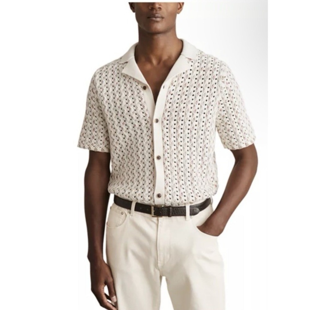 Reiss Men Size XL Roulette Textured Knit Cuban Collar Short Sleeve Shirt Natural